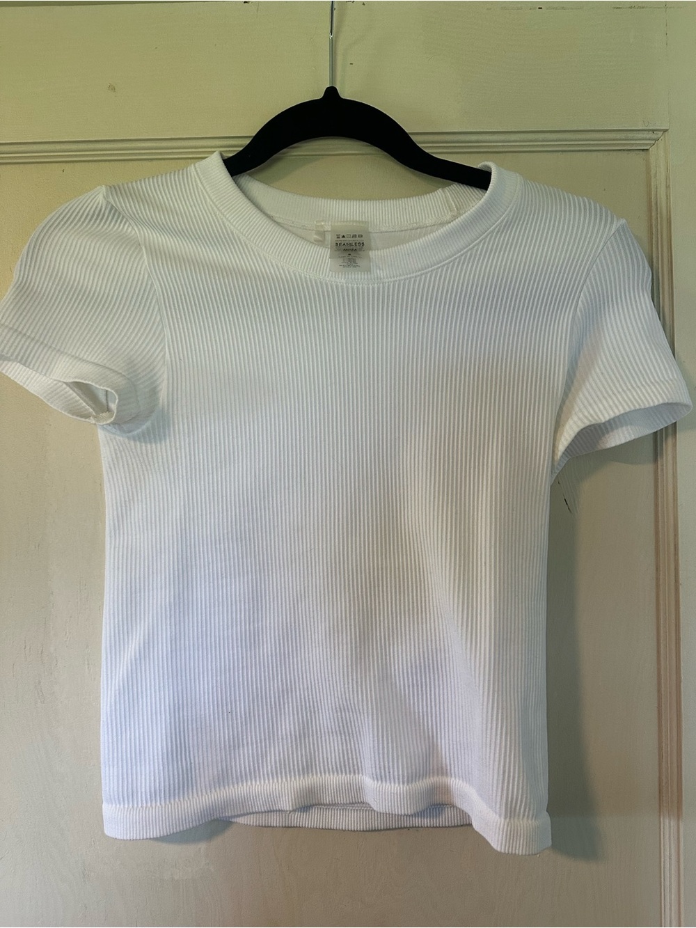 Aritzia Sunday Best Seamless White Ribbed Crewneck Short Sleeve Tee